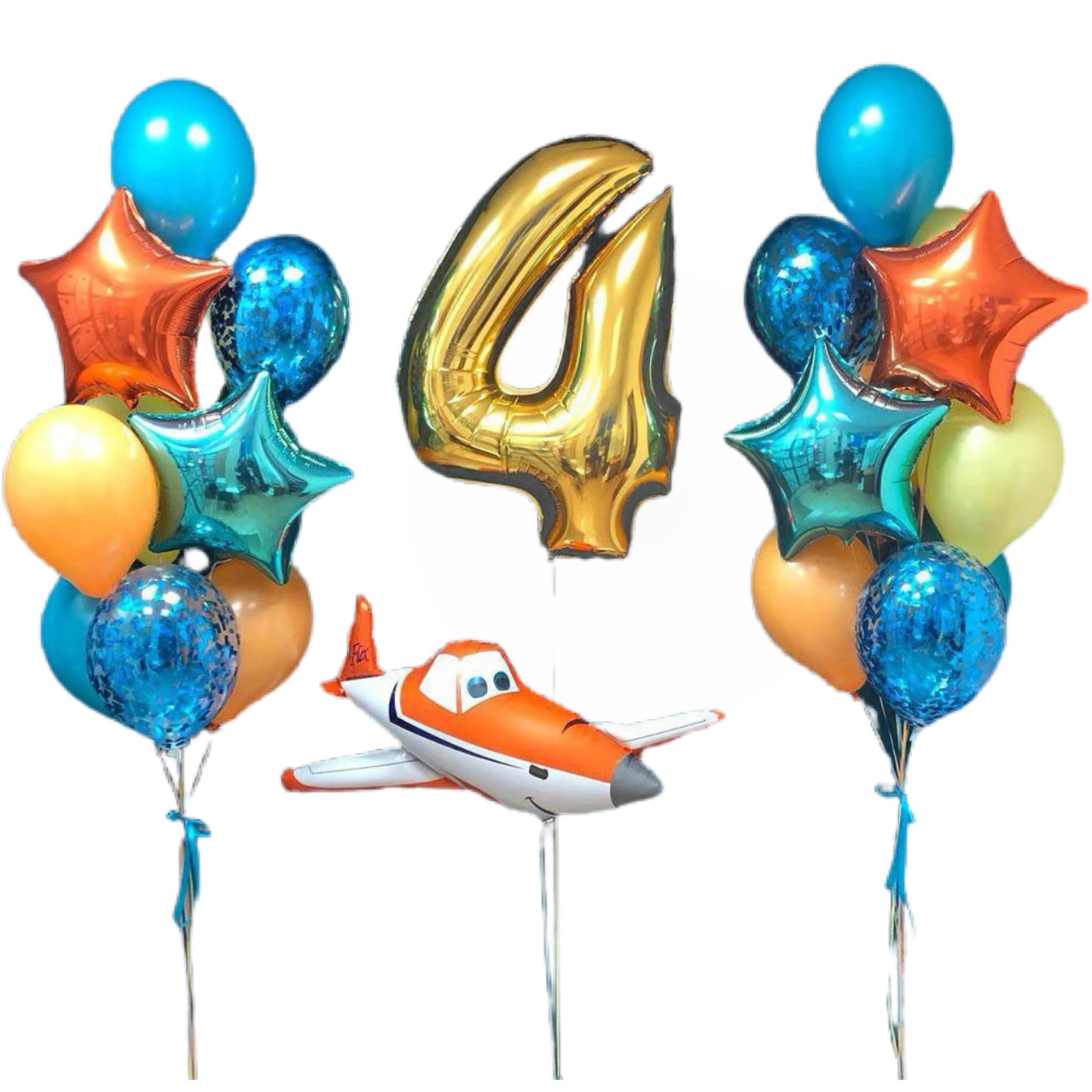 Кульки з гелієм на день народження, кулька цифра 4 і фольгована фігура літак