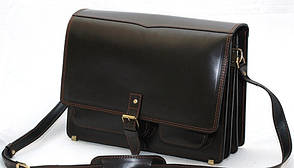 Портфель-сумка через плече чоловіча шкіряна ручної роботи "Листоноша". Колір чорний з коричневою ниткою