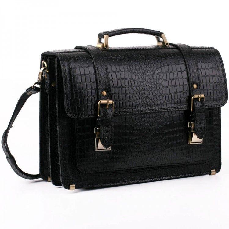 Діловий чоловічий портфель з натуральної шкіри під крокодила ручної роботи з плечовим ременем. Колір чорний, фото 1