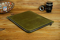 Кожаный чехол для MacBook на молнии с войлоком Дизайн №41, натуральная Винтажная кожа, цвет Оливковый