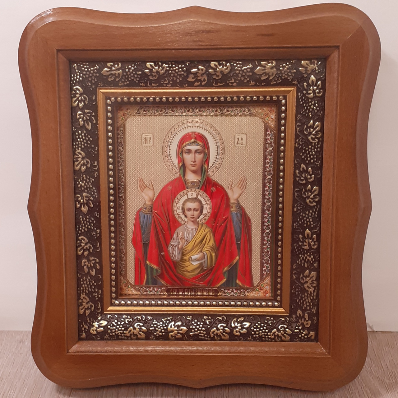 Ікона Знамення Пресвята Богородиця, лик 10х12 см, у світлому дерев'яному кіоті