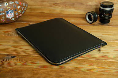 Шкіряний чохол для MacBook на блискавці з повстю Дизайн №41, натуральна шкіра Grand, колір Чорний