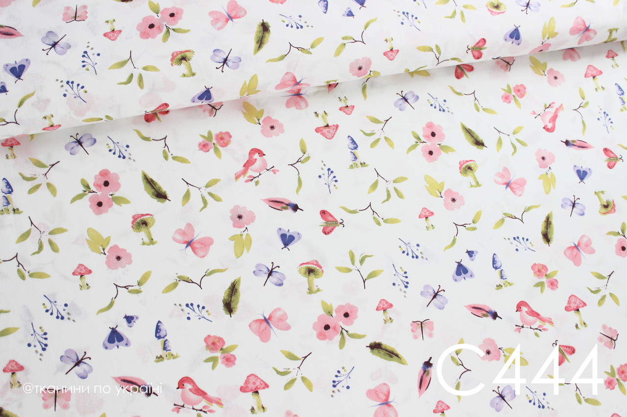 Тканина сатин Пташки та гриби