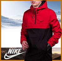 Куртка анорак мужская черная-красная с капюшоном демисезонная, ветровка спортивная