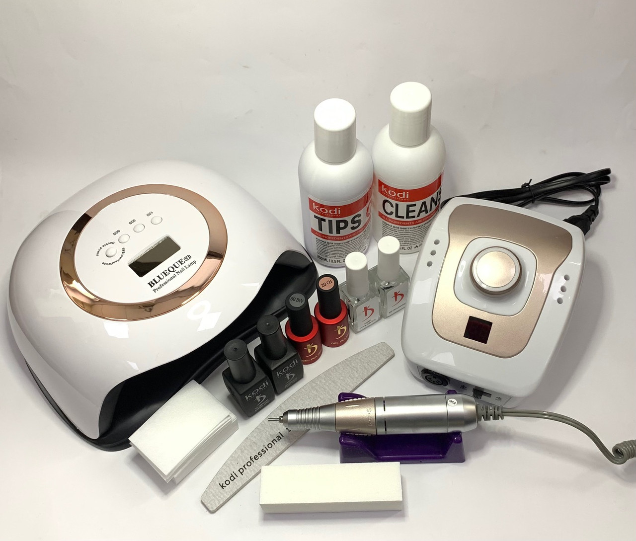Стартовий набір для манікюру Kodi з лампою Sun BQ-V1 Gold і фрезерують DM-206, фото 1