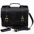 Двосторонній чоловічий шкіряний портфель ручної роботи з плечовим ременем. Колір чорний, фото 2
