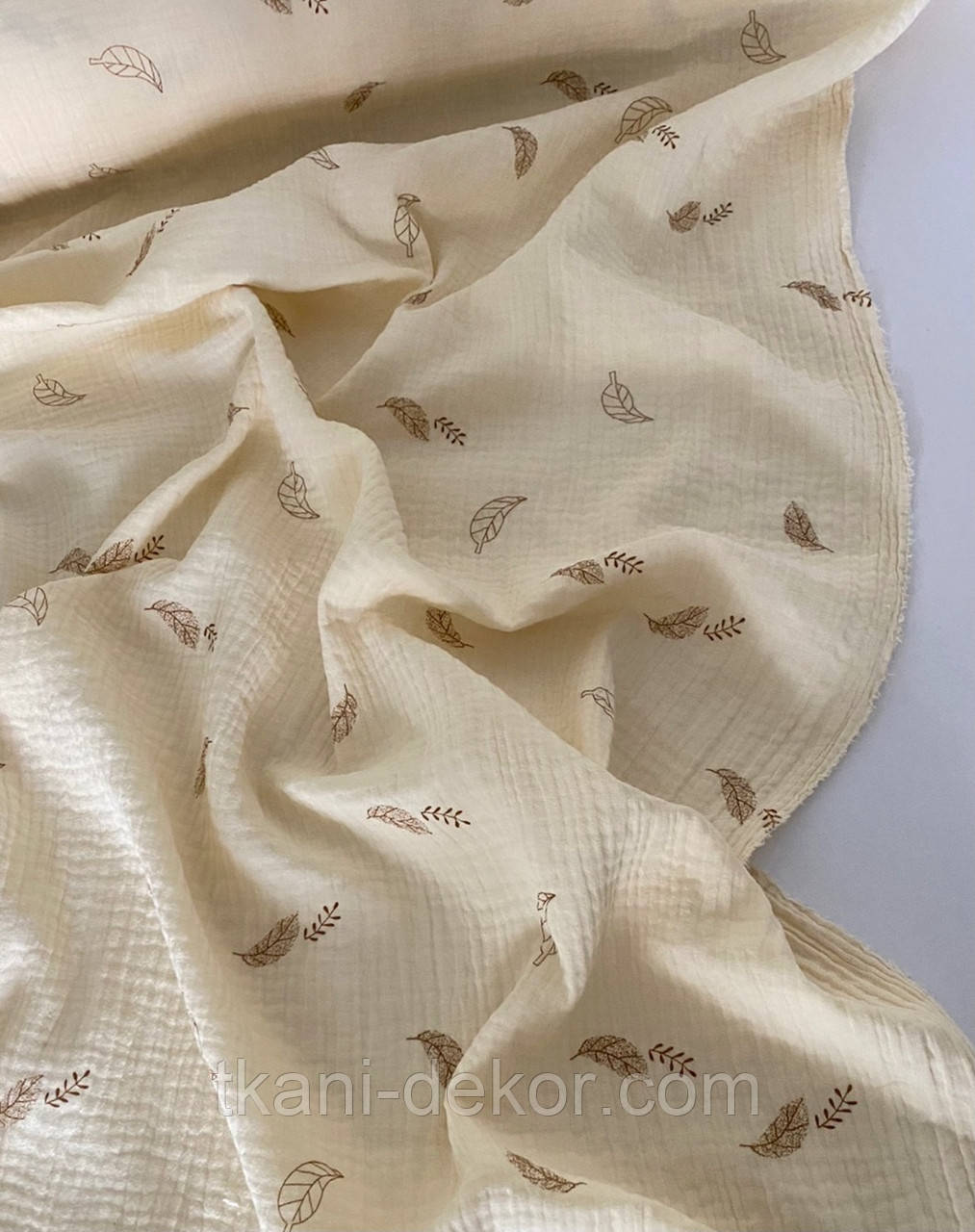 Муслін (бавовняна тканина) пір'їнки коричневі на ванілі (0,45*135), фото 1