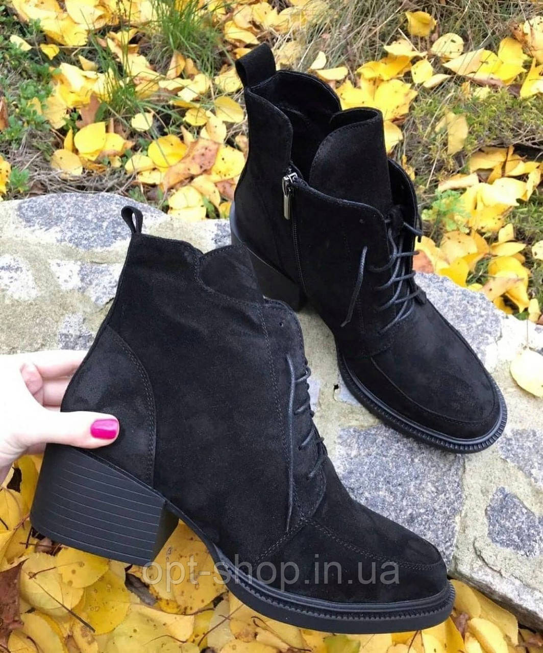 Жіночі демісезонні черевики ботильйони шкіряні чорні на товстому підборі,чоботи жіночі демісезонні
