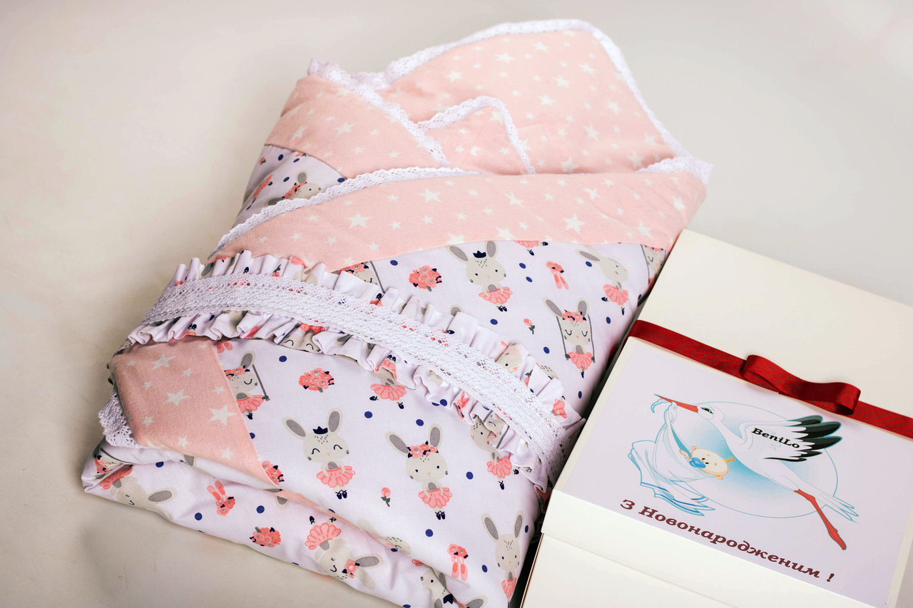 Комплект для новонароджених BeniLo - ковдра-конверт на виписку, ортопедична подушка, муслінові пелюшки Рожевий