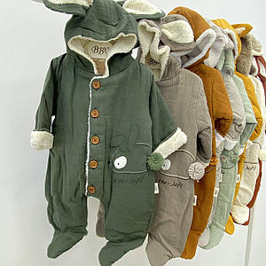 Утеплений мусліновий комбінезон зелений 3-6 міс (62 см), 6-9 міс (68 см), 9-12 міс (74 см)