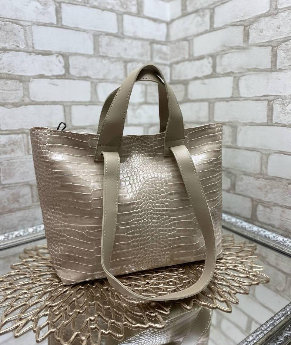 Жіноча сумка велика містка шоппер стильна бежева екошкіра рептилія, фото 1