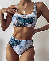 Купальник женский раздельный спортивный Красивый купальник с высокой талией, размер M (мрамор)