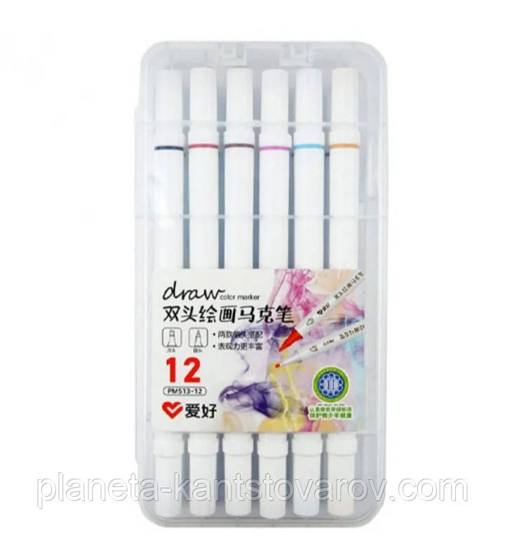 Набір двосторонніх фломастерів/скетч маркерів 12 шт/квітів, AIHAO PM513-12 Sketch marker