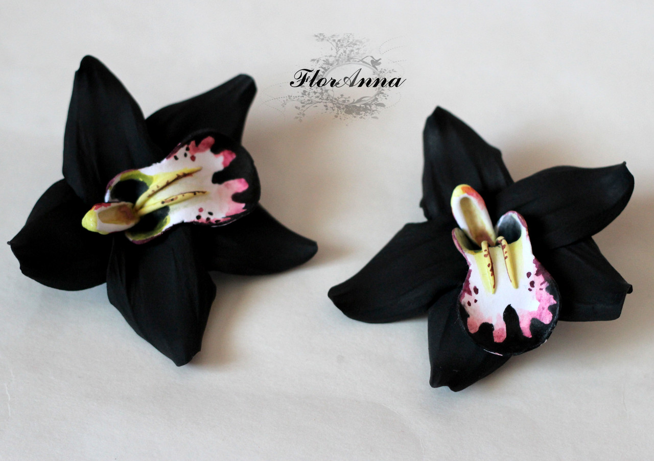 "Чёрная орхидея"(1шт) заколка цветок из полимерной глины. - фото 4 - id-p581646758