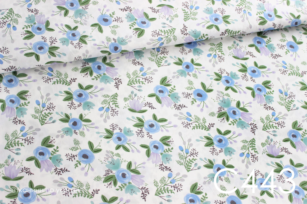 Тканина сатин Круглі блакитні квіти ЗАЛИШОК 100*80