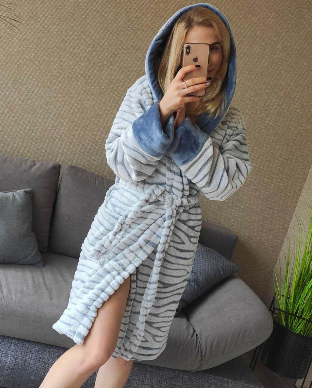 Жіночий теплий халат із заходом полірована махра шиншила, фото 1