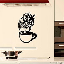 Вінілові наклейки на стіну, вікна, наклейки на кухню "I love coffee" Сова на чашці (лист 43*28см), фото 3