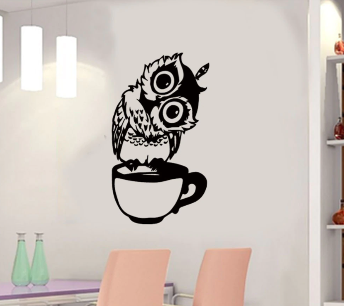 Вінілові наклейки на стіну, вікна, наклейки на кухню "I love coffee" Сова на чашці (лист 43*28см)