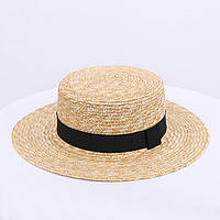 Соломенная шляпка канотье с черной лентой (поля 7 см)
