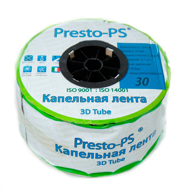 Крапельна стрічка Presto-PS эмиттерная 3D Tube крапельниці через 30 см, витрата 2.7 л/год, довжина 500 м (3D-30-500)