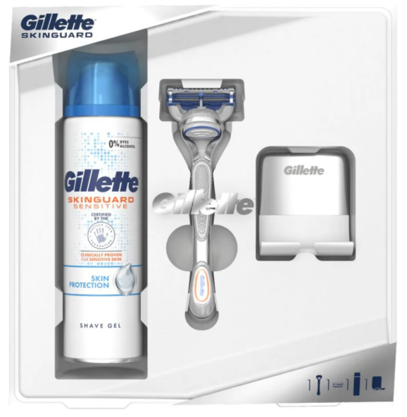 Подарунковий набір Gillette Skinguard Sensitive (станок + 1 касета + гель для гоління + підставка)