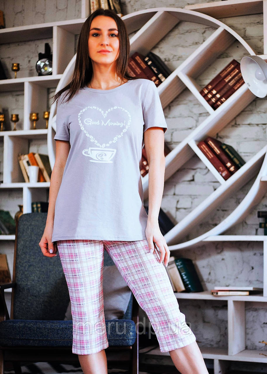 Піжама жіноча бриджі клітка і футболка з друкованим малюнком, розмір 46-54, ТМ MERU