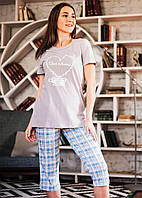 Піжама жіноча бриджі в клітку і футболка з друкованим малюнком, розмір 46-48, ТМ MERU