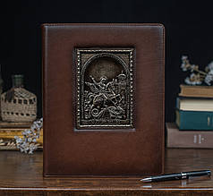 Щоденник А4 в шкіряній обкладинці з об'ємним тисненням ручної роботи "Георгій Побідоносець"