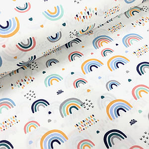 Тканина поплін помаранчево-блакитні веселки з крапками на білому (ТУРЦІЯ шир. 2,4 м) (R-FR-0049)