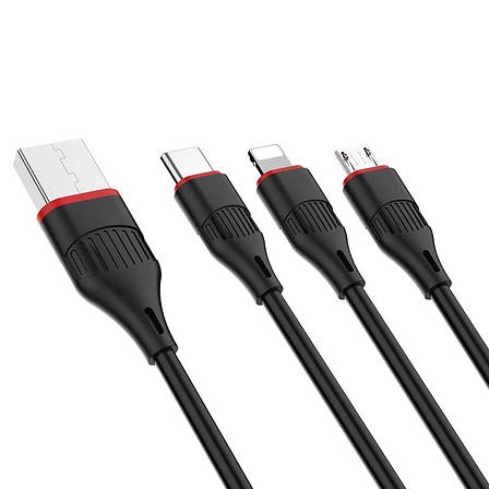 Кабель для зарядки телефона/ смартфона Borofone 3в1 BX17 Lightning + Micro + Type-C 2 А 1 м Чорний, фото 1