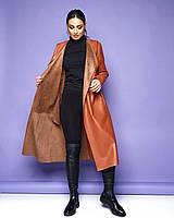 Пальто женское длинное с капюшоном ткань эко кожа .в больших размерах 46/48, рыжий