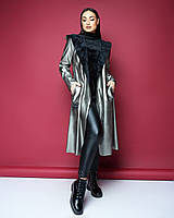 Пальто женское длинное с капюшоном ткань эко кожа .в больших размерах 46/48, Серебро