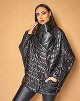 Куртка демісезонна жіноча стьобана плащовка з екошкіряним оздобленням. у великих розмірах