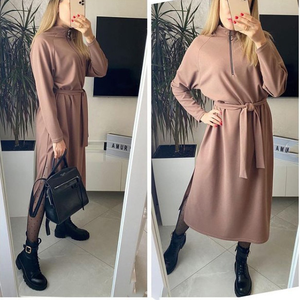 Стильне жіноче плаття міді під пояс вільний