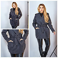 Демисезонное женское пальто с накладными рабочими карманами, удобным капюшоном и поясом из основы 56/58, Графит