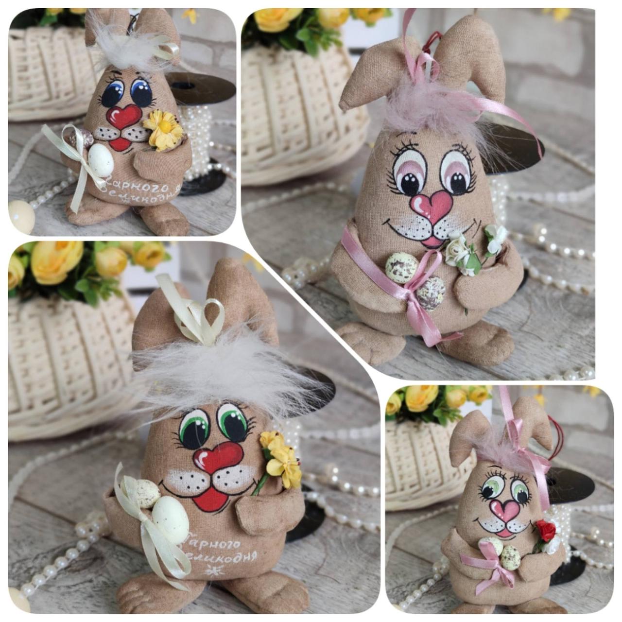 Великодній кролик Смайлик, Н-23 см, кава, какао, кориця, текстильна іграшка, декор на Великдень,, фото 1