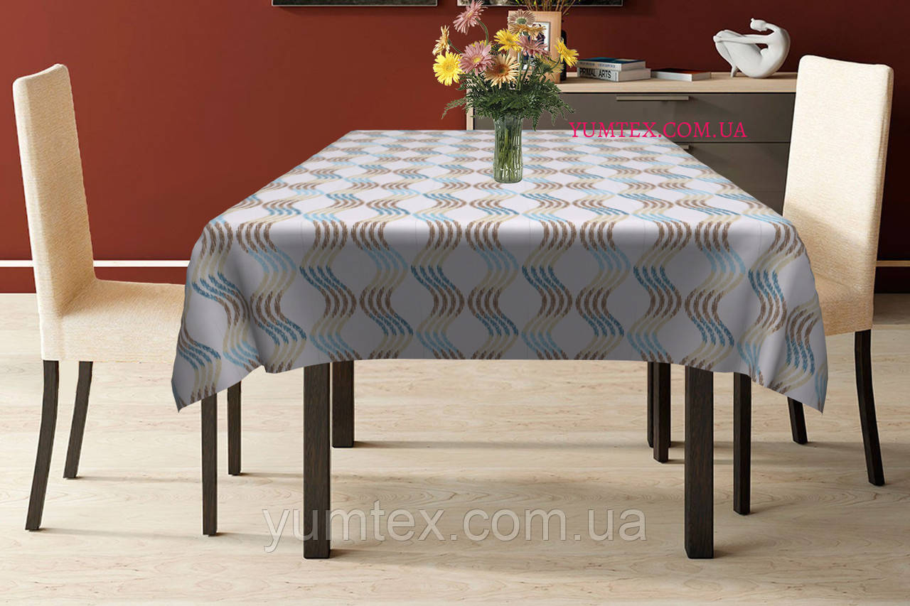 Скатертина квадратна бавовна тефлонова водовідштовхувальна гідрофобна просочення квіти на коричнево-сірому тлі, фото 1