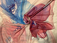 Женский широкий шарф-палантин-парео цветочный принт шифон 178 х 100 см пудра с голубым и бордовым