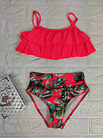 Купальник для дівчинки роздільний червоний топ з воланами і високі плавки класичного крою 32-36 р