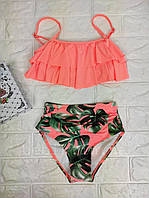 Купальник для дівчинки роздільний топ з воланами і високі плавки персиковий з тропічним принтом 38 р
