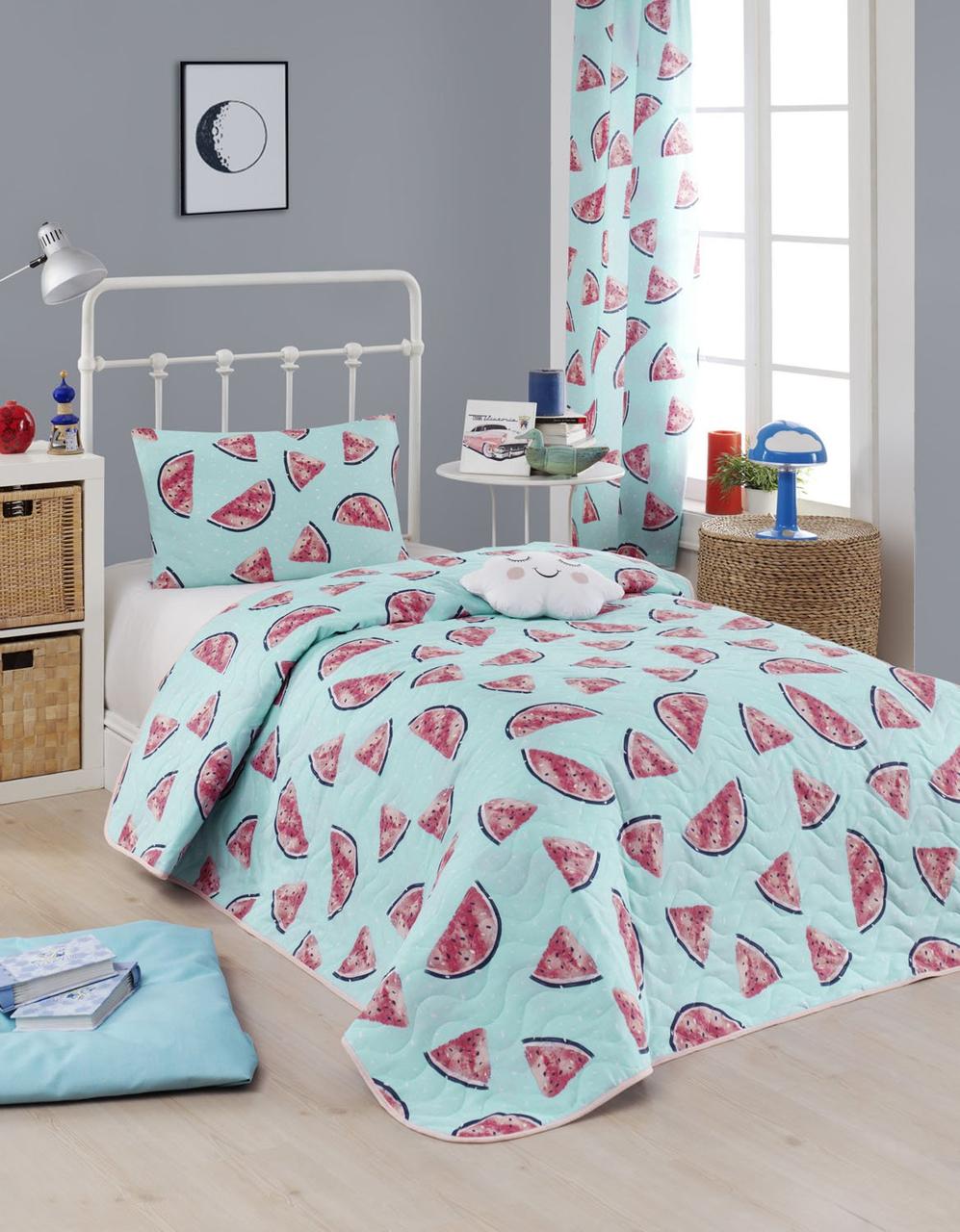 Покривало стьобане з наволочкою Eponj Home - Karpuz a.mavi блакитний 160*220, фото 1
