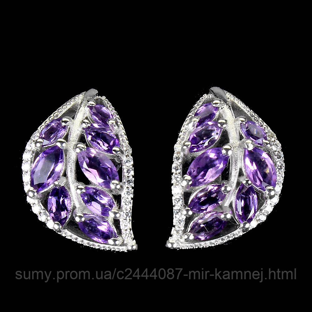 Срібні сережки 100% натуральний природний Блиск (Бразилія), покриття білим золотом., фото 1