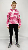 Кофта двунитка прінт тай-дай рожевий з капюшоном та карманом S,M,L,XL,XXL