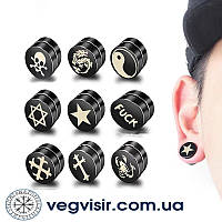 Модные серьги магнитные клипсы черные с рисунком на одно ухо 9 видов плаги-обманки серьга магнит мужские