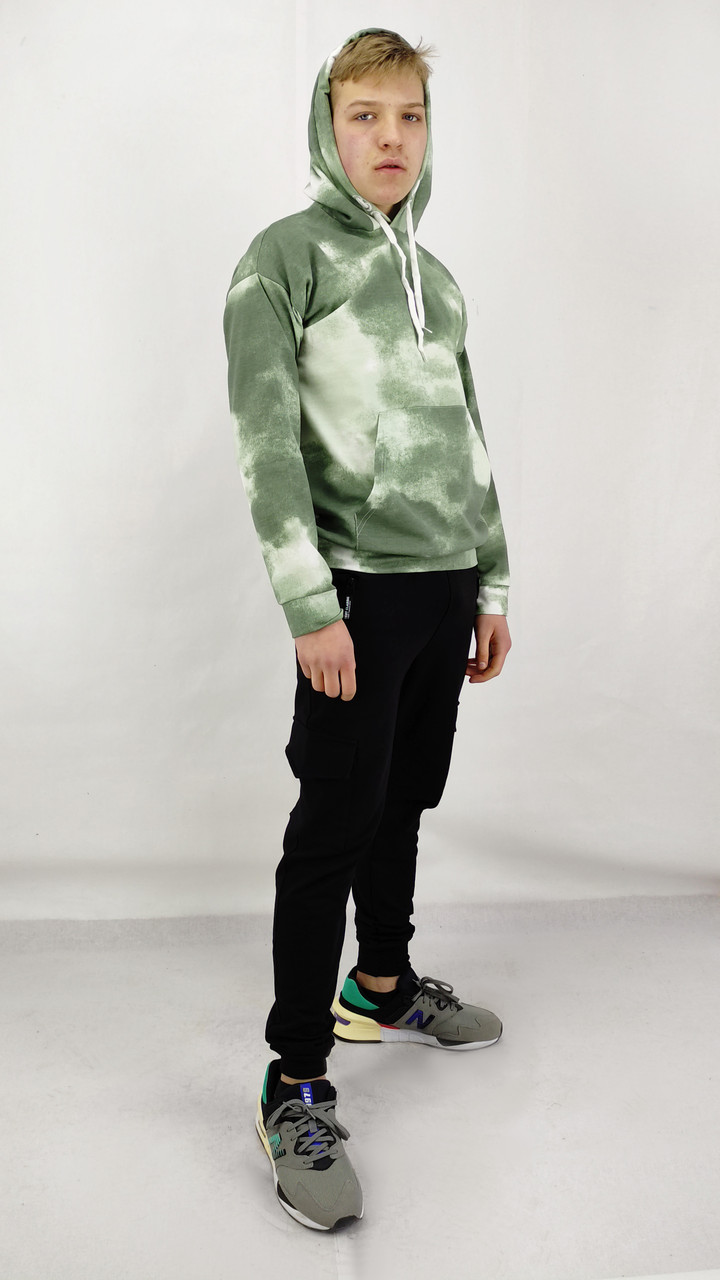 Кофта двунитка прінт тай-дай хакі з капюшоном та карманом S,M,L,XL,XXL, фото 1