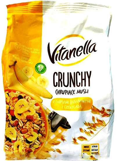 Мюслі хрусткі кранчі з бананом і шоколадом Vitanella Crunchy, 350 г. Польща