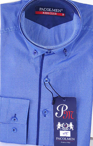 Сорочка дитяча з довгим рукавом dd-0015 Pacolmen волошкова приталені в клітку, фото 1