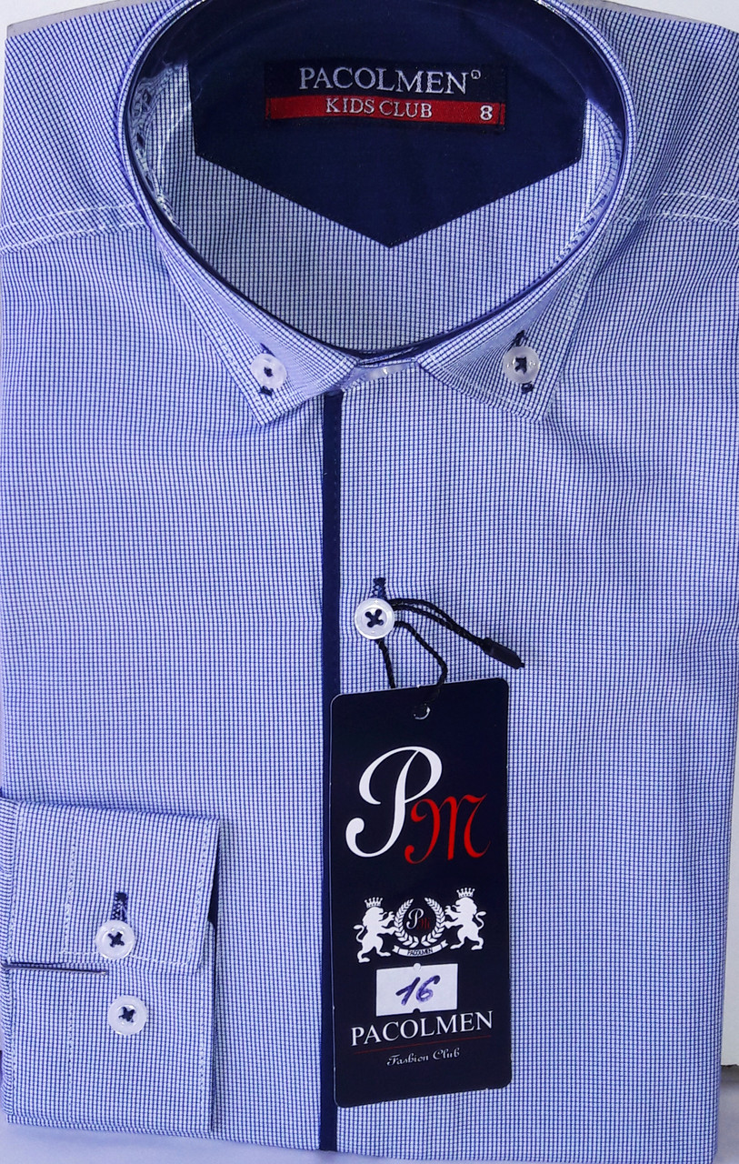 Сорочка дитяча з довгим рукавом dd-0016 Pacolmen блакитна приталені в клітку