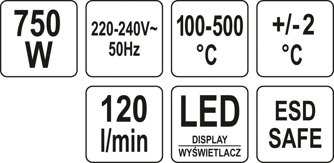 Фен-станція мережева YATO 750 Вт 100- 500 °C світлодіодний дисплей - фото 5 - id-p1382965473