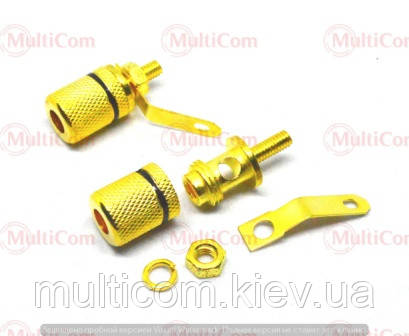 01-04-051BK. Гніздо акустичне "Banan" монтажне 4мм, gold pin, корпус метал, золотисте, чорна смуга, фото 1